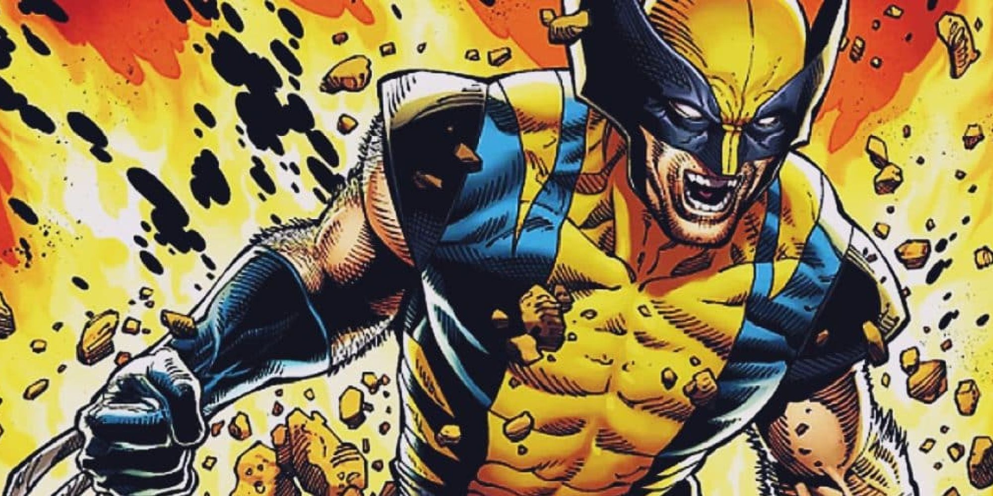Wolverine in his yellow-and-blue costume, surrounded by exploding rocks