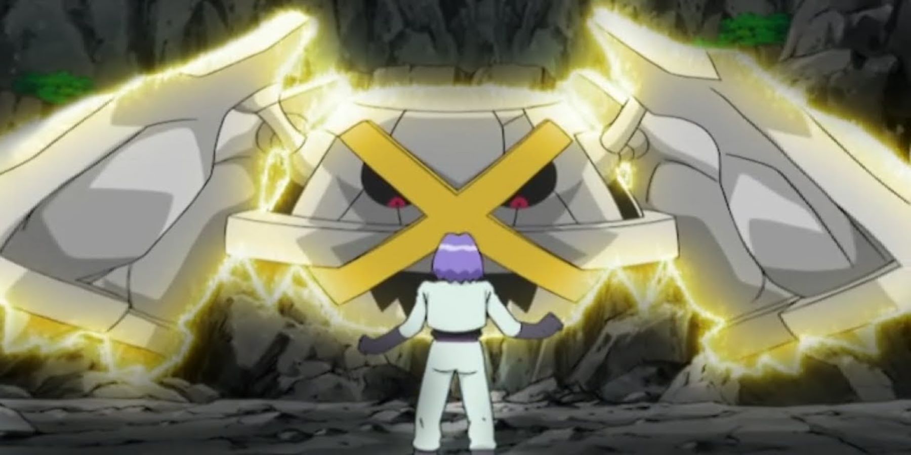 Team Rocket's James confronting a Shiny Metagross in the Pokemon anime