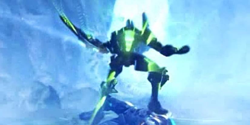 Sylux appearing over a dead soldier in a cutscene from Metroid Prime Hunters