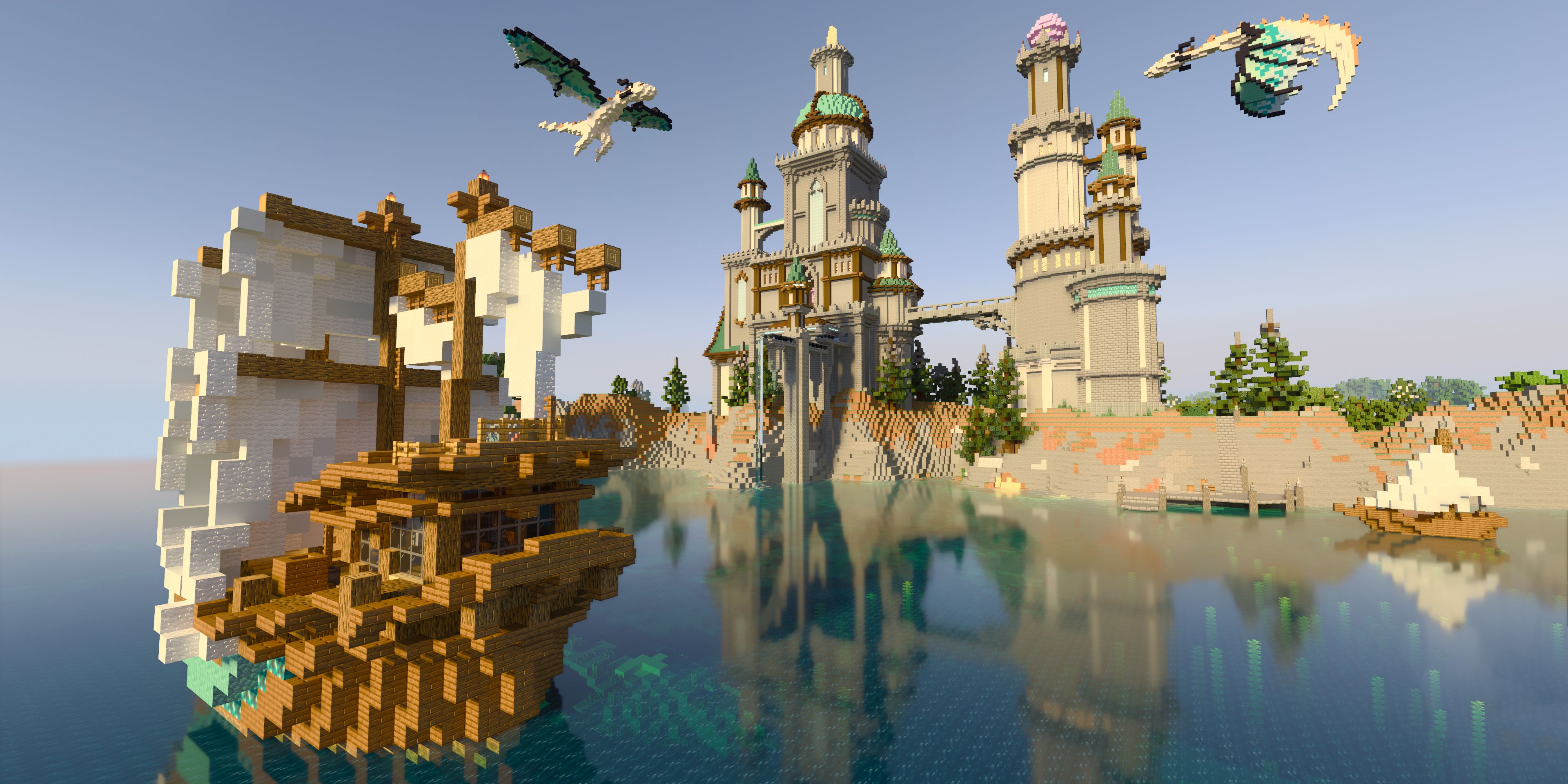 A ship and castle in Minecraft, with NVIDIA RTX enabled