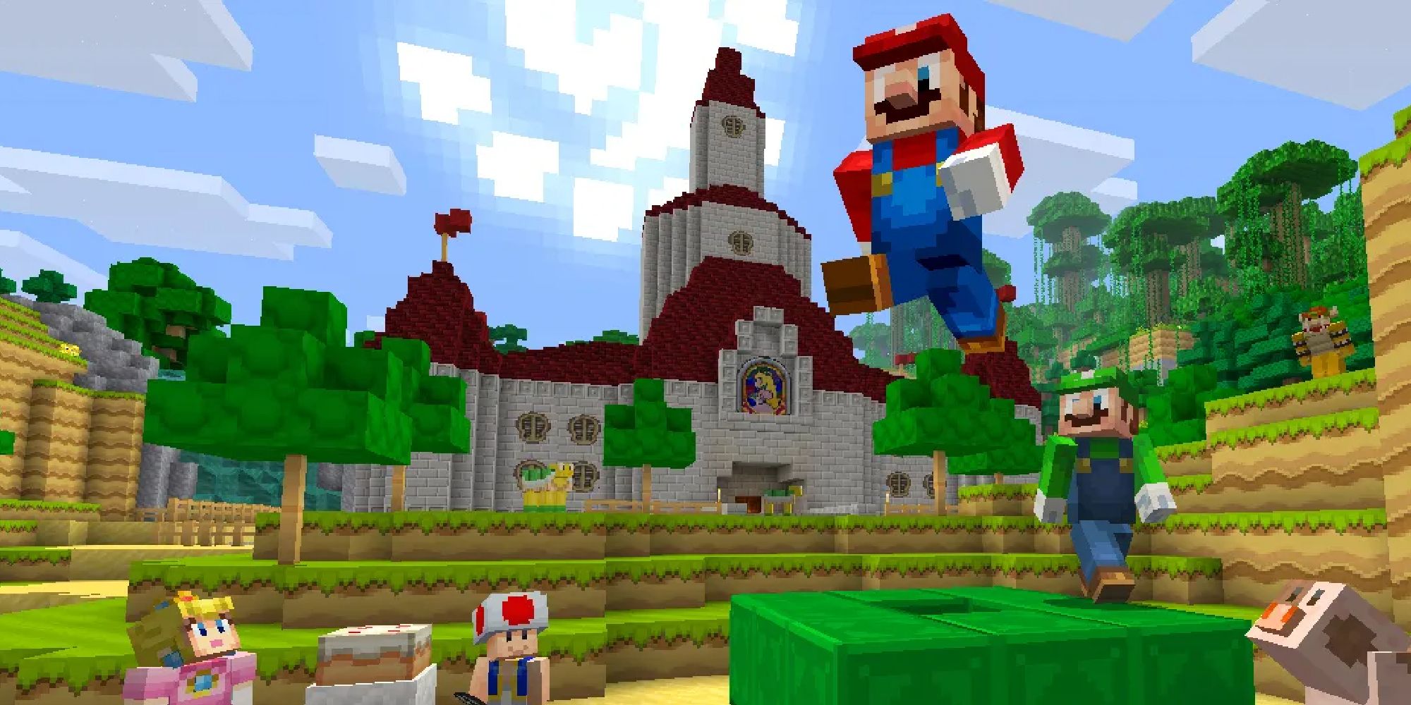 Mario, Luigi, Peach, and Toad standing in front of Peach's castle in a Minecraft world