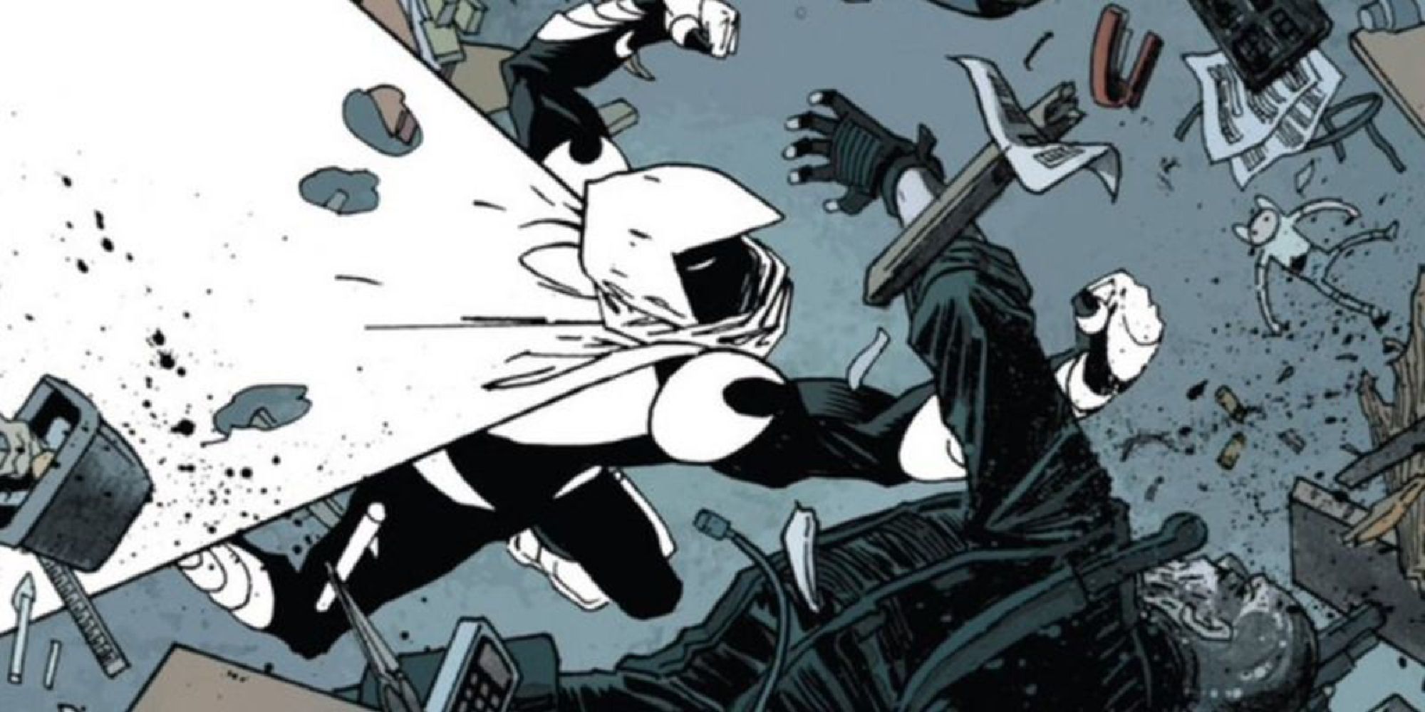 Moon Knight attacking an enemy amongst debris falling