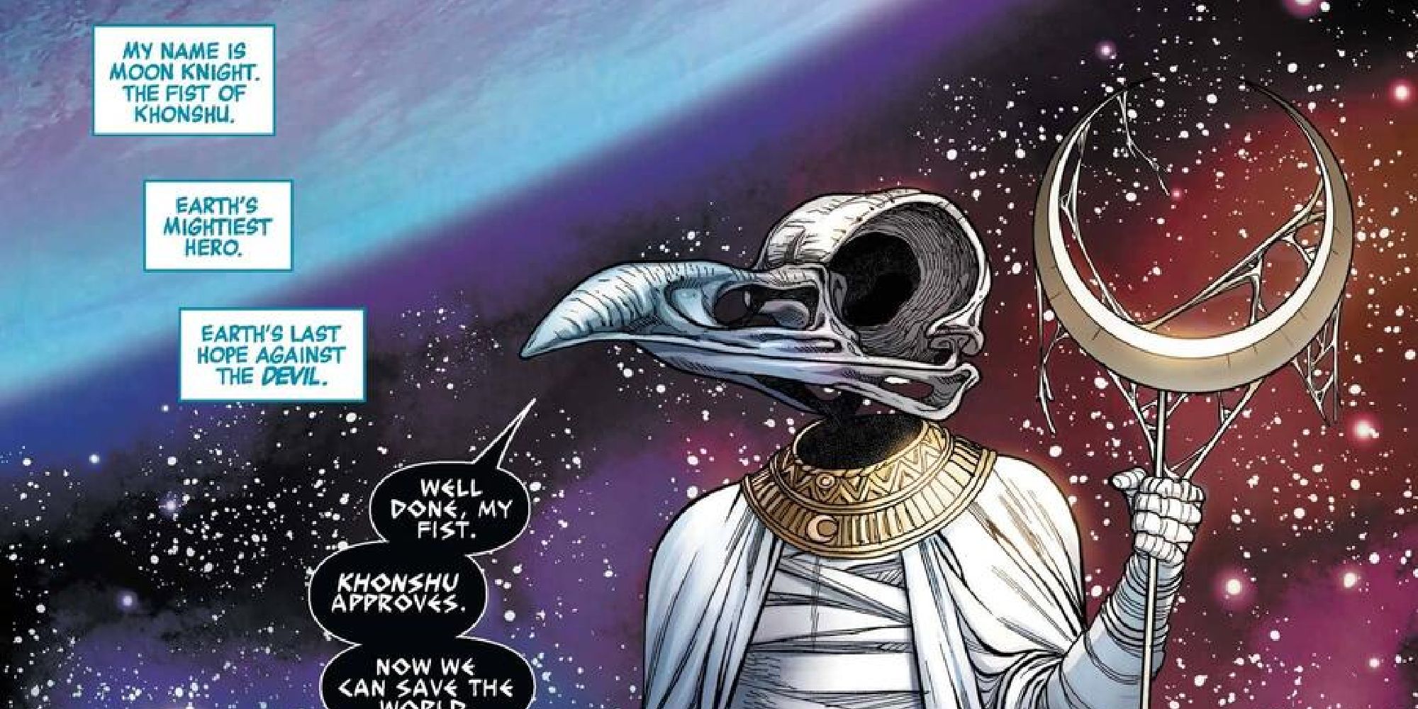 The Egyptian God Khonshu greeting Moon Knight in the comics