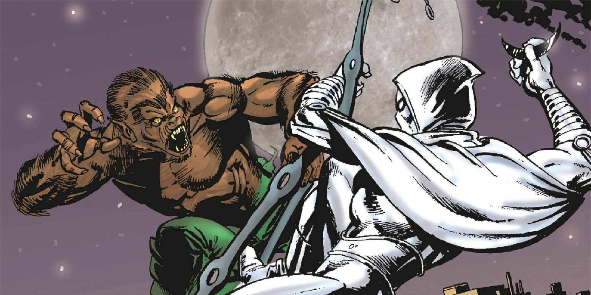 Moon Knight battling Werewolf By Night against the backdrop of the night sky