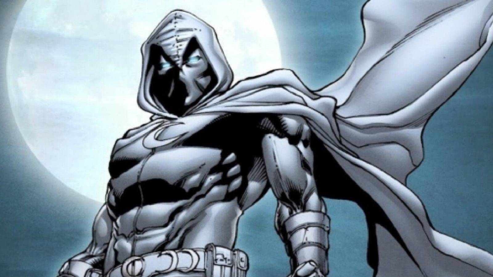 Moon Knight standing in front of the moon in his signature outfit