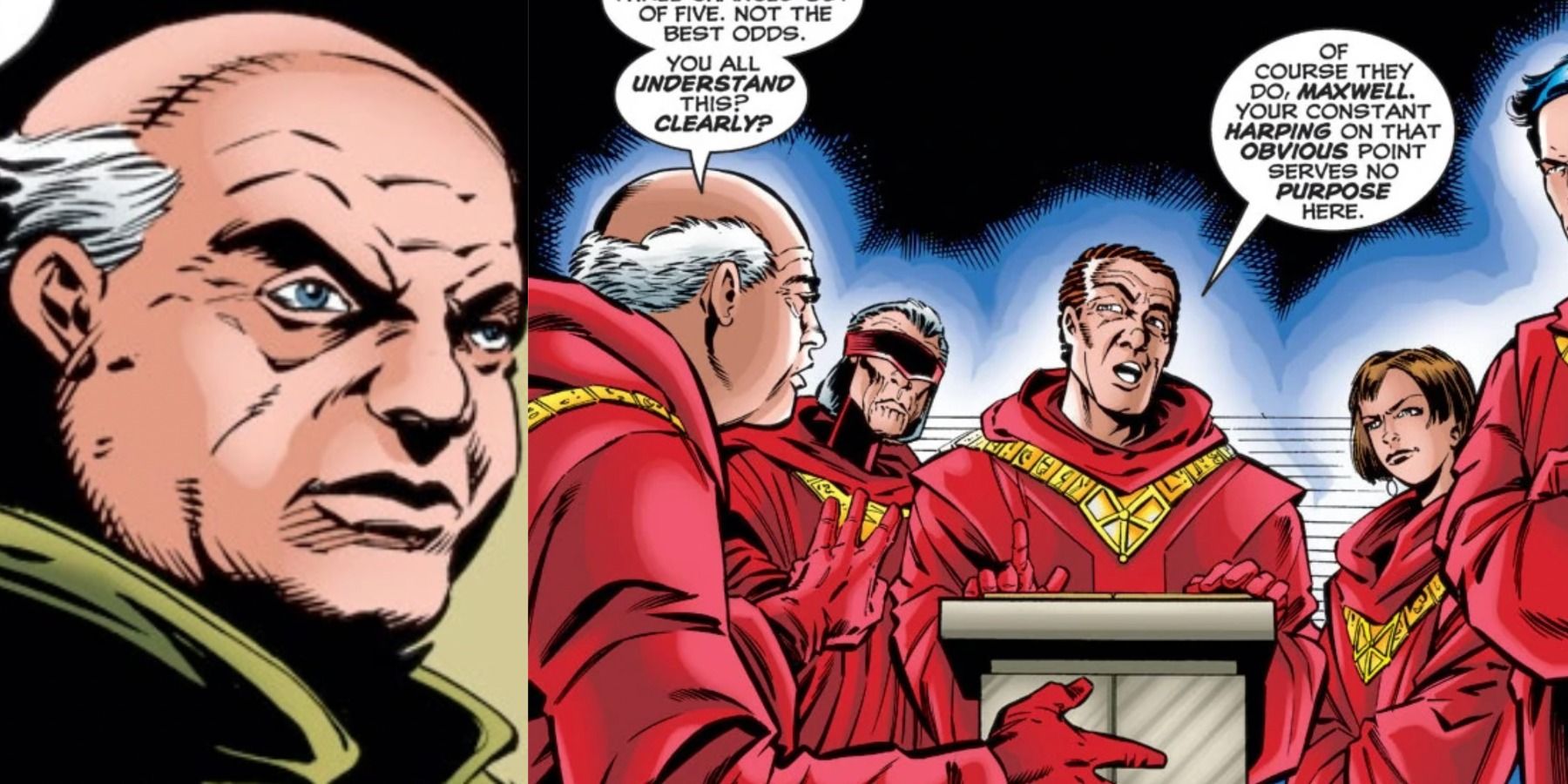 A split image depicts Morris Maxwell alone and as part of the Gathering of the Five in Marvel comics