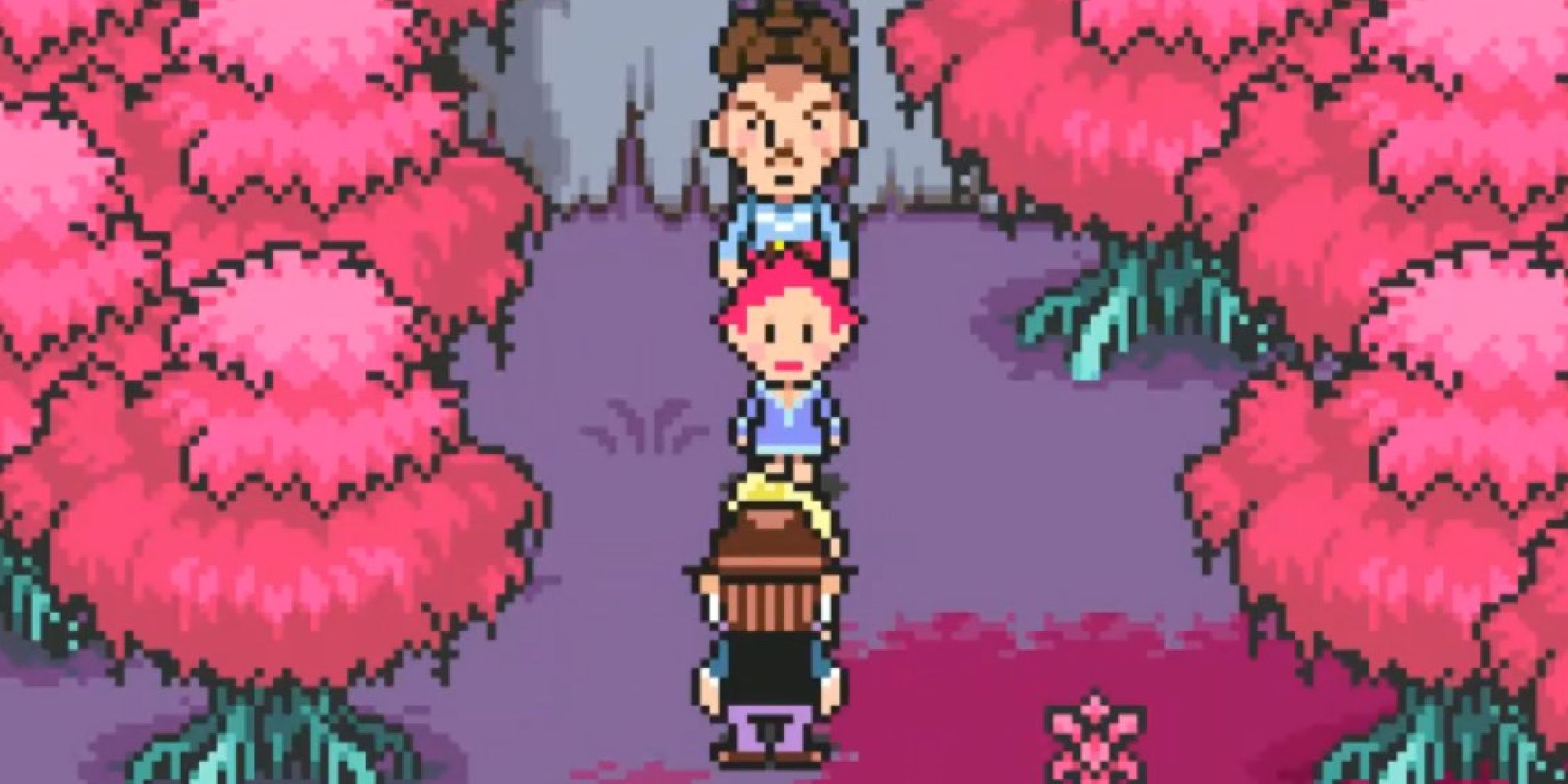 Kumatora traveling through a forest with Duster, Lucas, and Boney in Mother 3