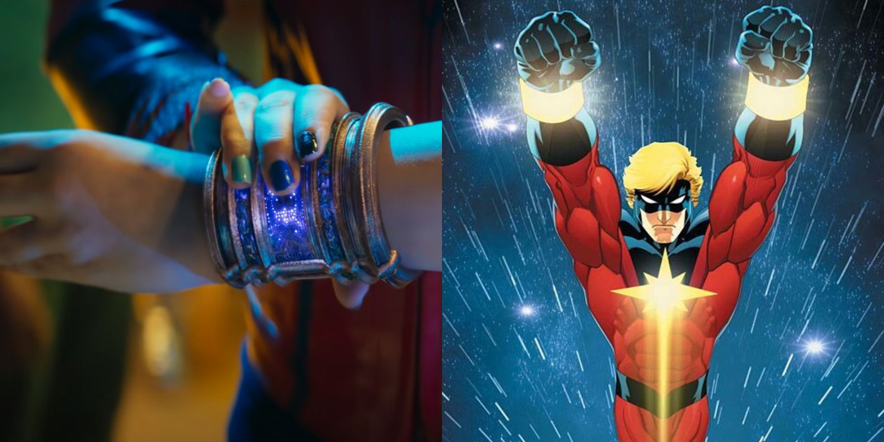 A split image depicts a glowing bracelet in the Ms Marvel trailer and Nega-Bands on Captain Marvel in Marvel comics