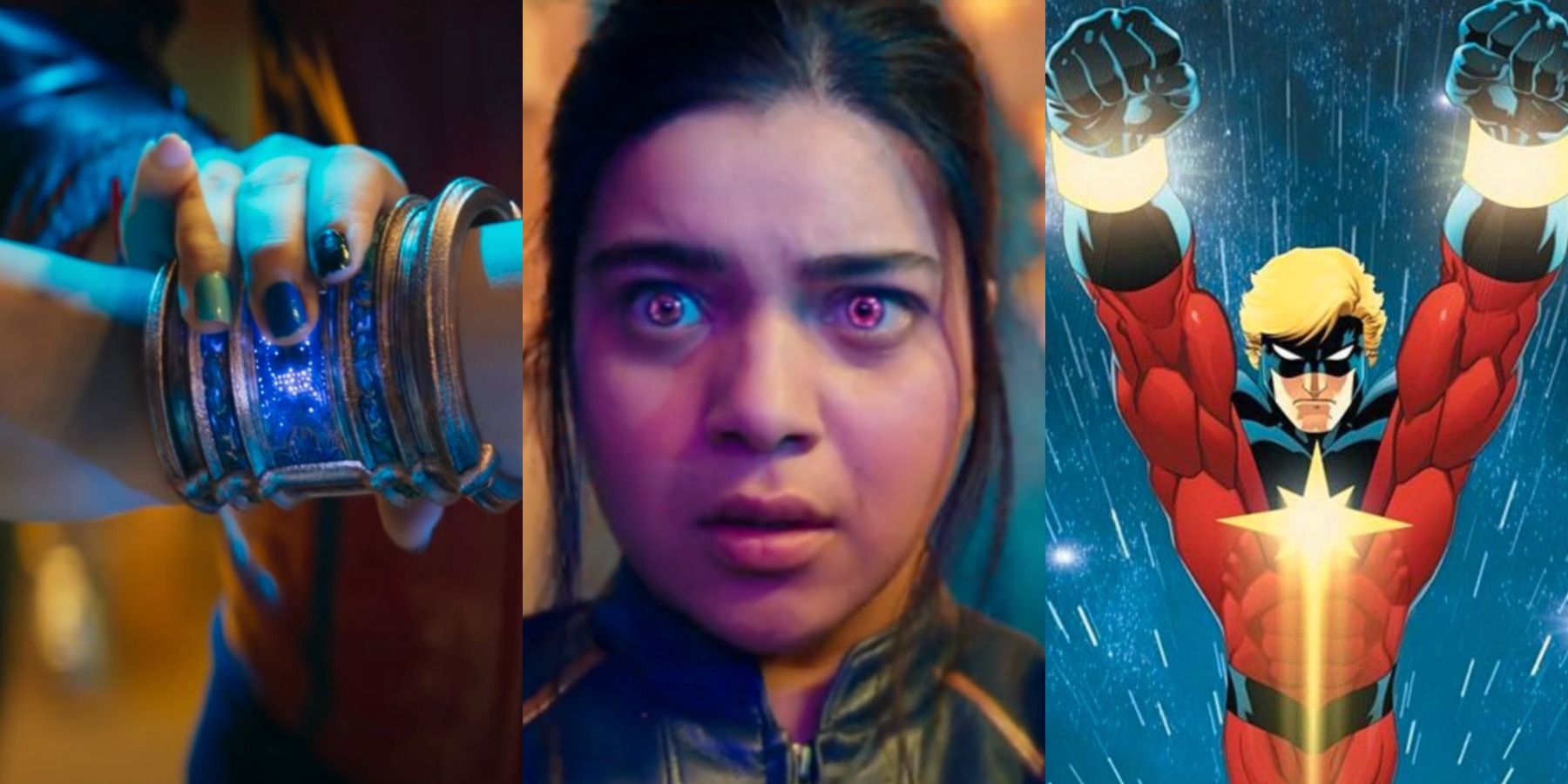 A split image features a glowing bracelet, Kamala Khan in the MCU, and Captain Mar-Vell in Marvel comics