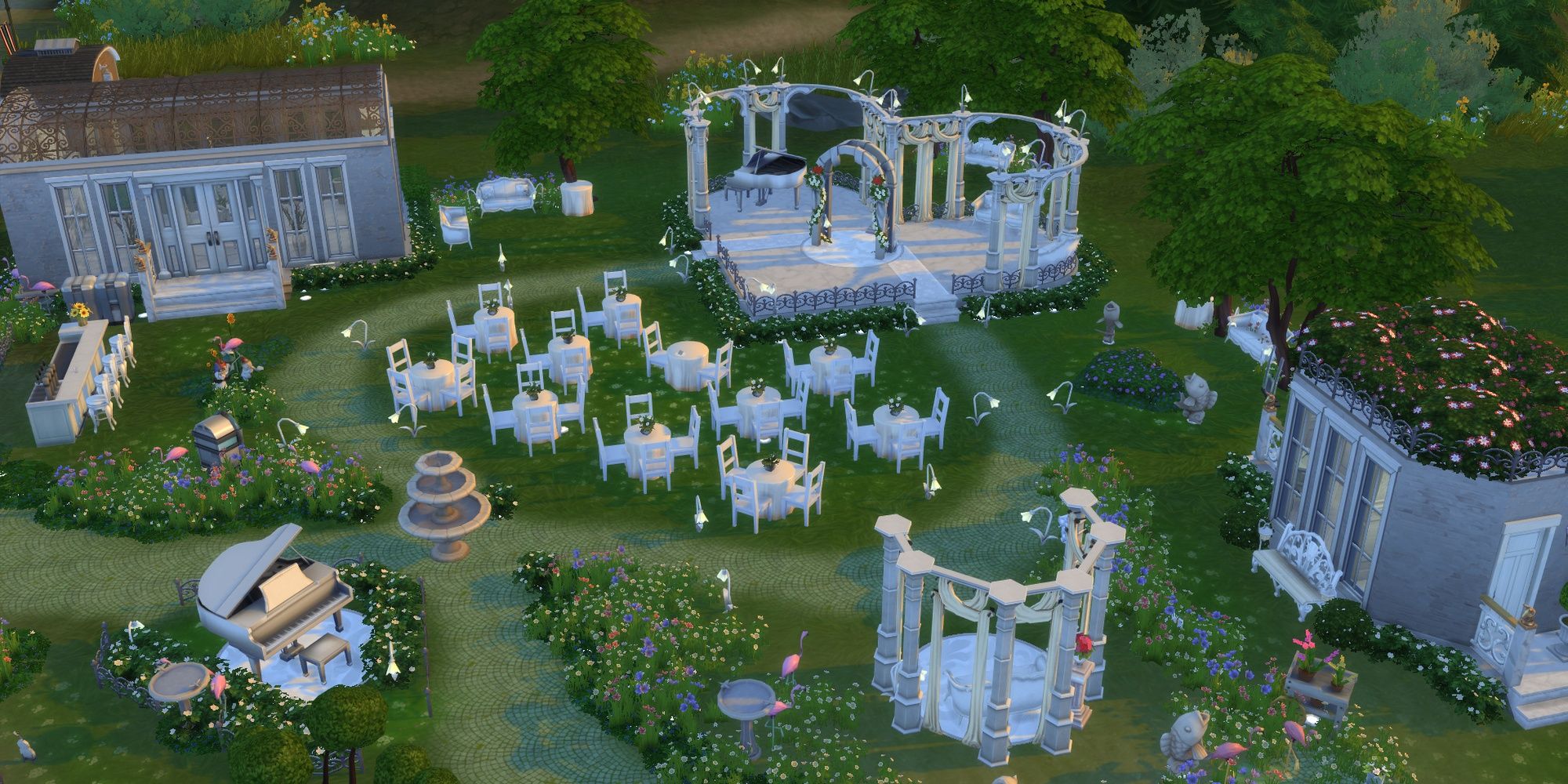 An outdoor wedding venue in The Sims 4 with heart shaped altars and paths.