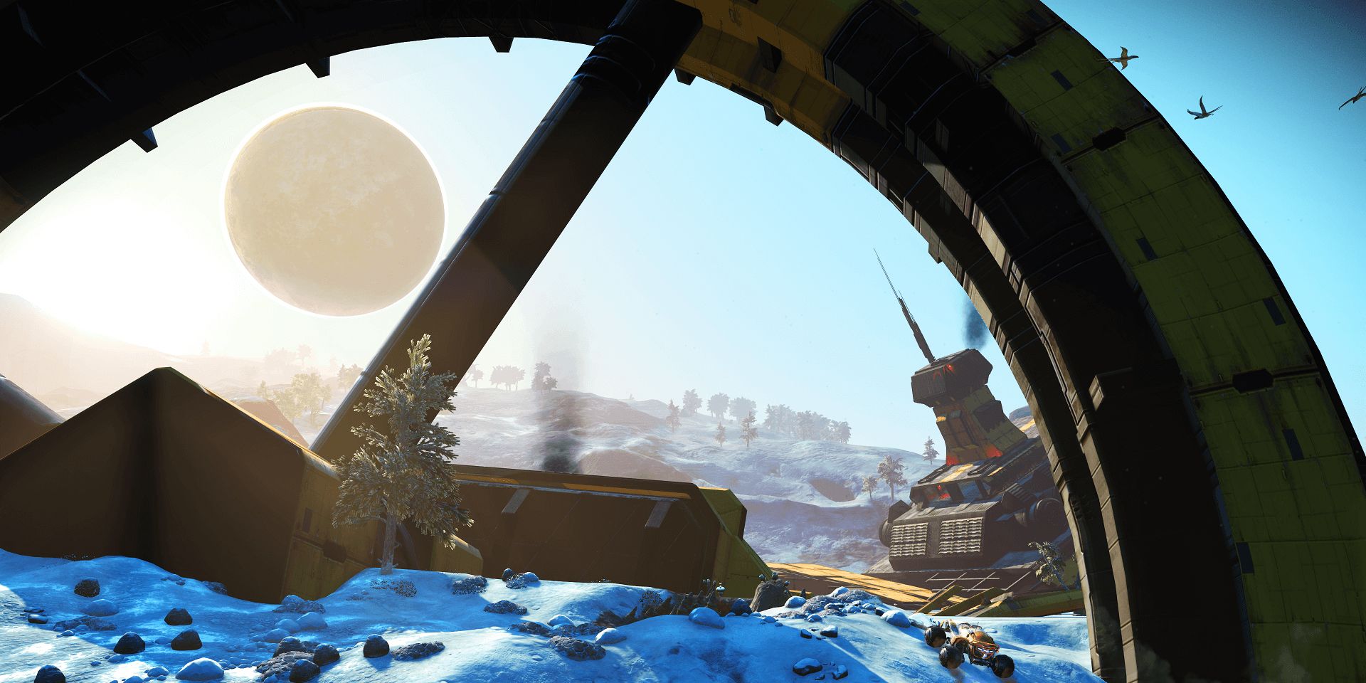 No Mans Sky, a snow planet with circular alien ruins and a large moon.