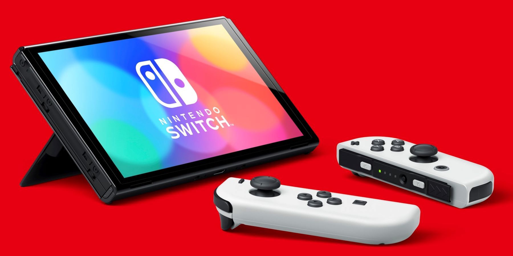 Nintendo Switch OLED in tabletop mode with Joy-Cons detached