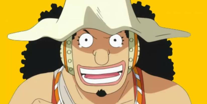 One Piece's Usopp against a yellow background with tears in his eyes