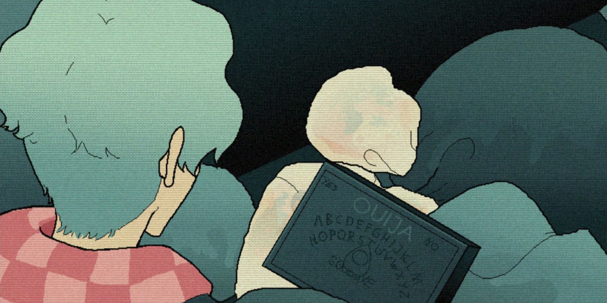 The main character of Ouija Sleepover looking at the ouija board