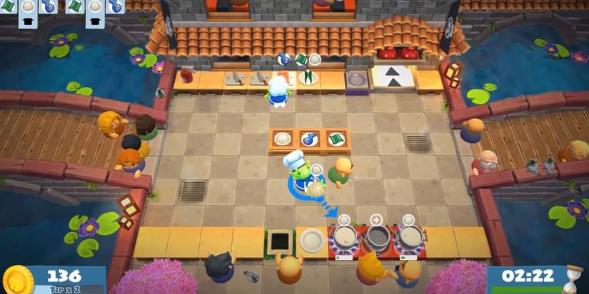 Overcooked 2 Single Player throwing rice into pot on bridge stage