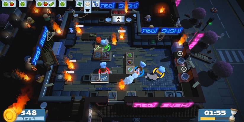 Overcooked 2 sushi kitchen at night with fires