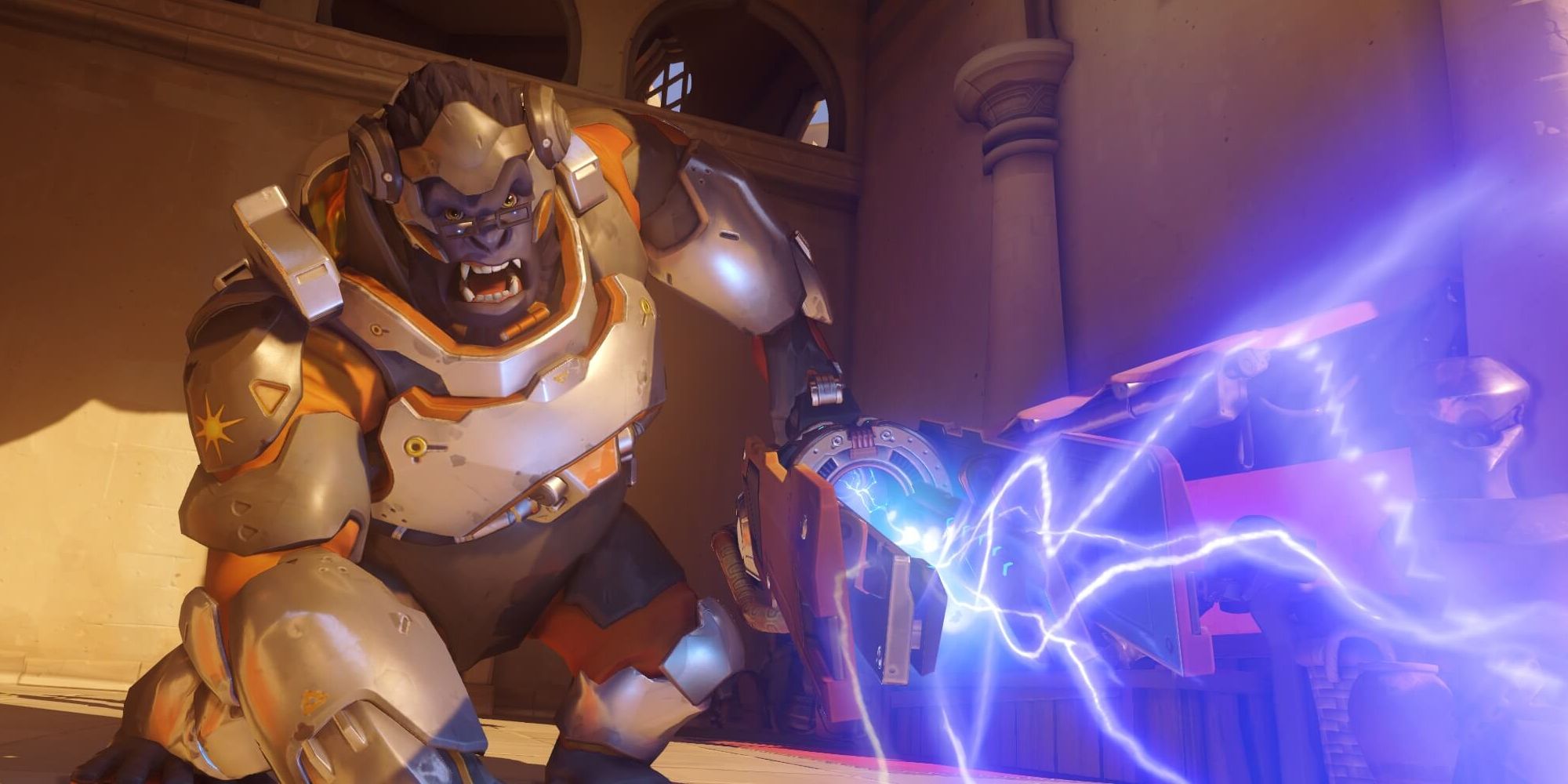 Winston charging at a player firing his Tesla Cannon