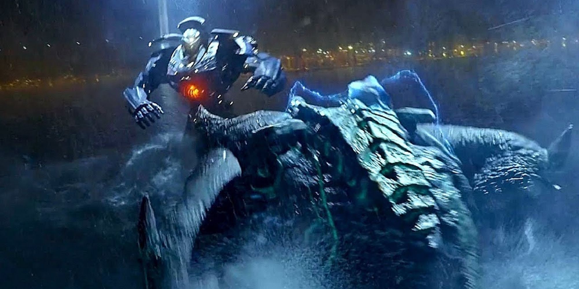 A Jaeger facing off against a Kaiju in waters near a city