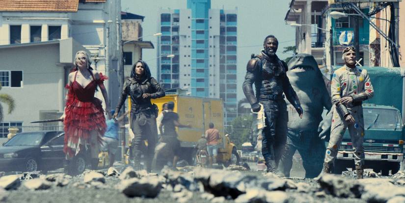 Peacemaker Harley Quinn, Ratcatcher 2, Bloodsport, King Shark, and Polka Dot Man