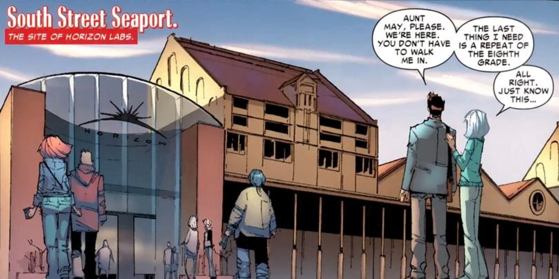 Peter Parker and Aunt May talk outside of Horizon Labs in Amazing Spider-Man comic