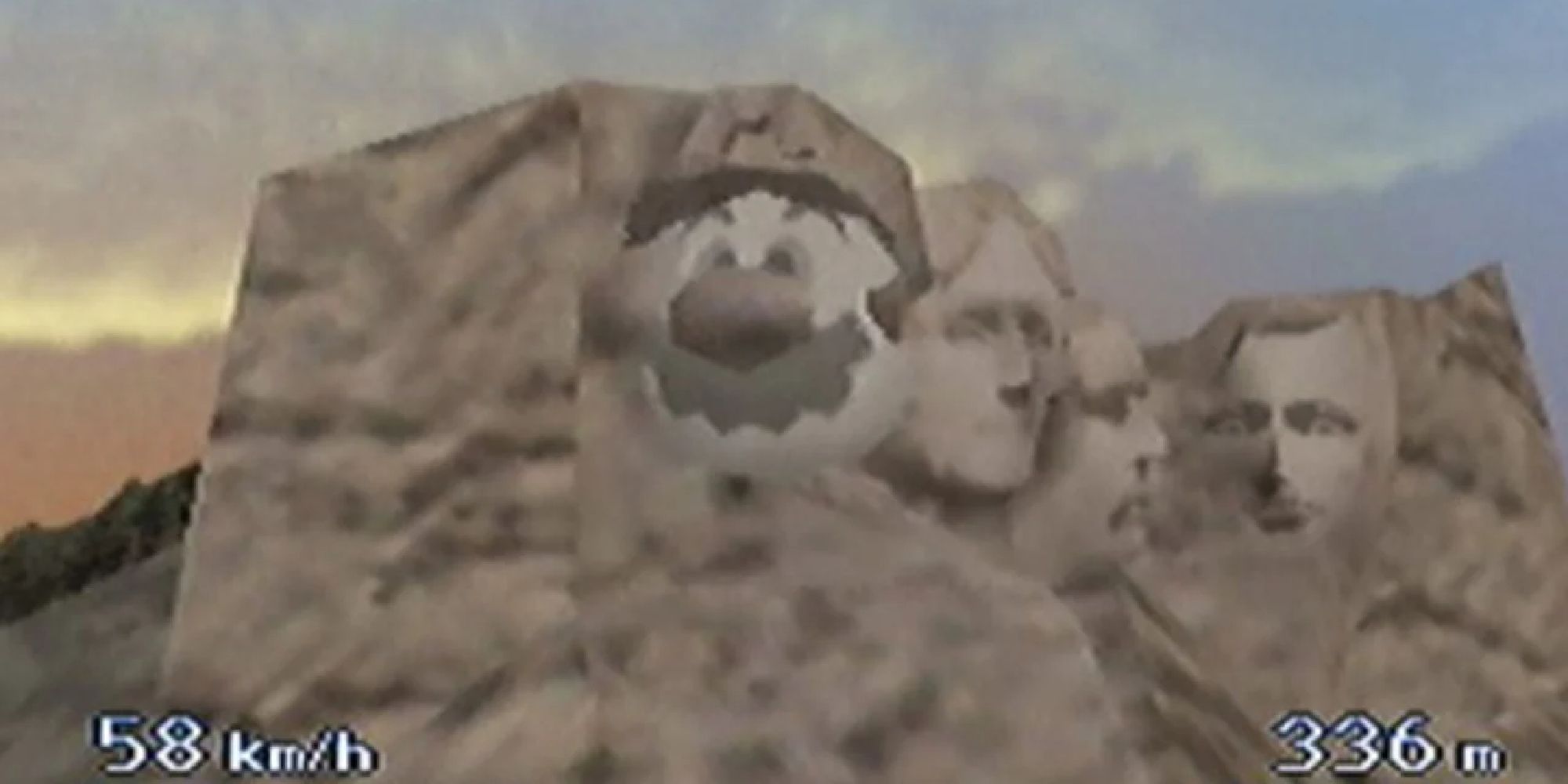 Mario's face on Mount Rushmore in Pilotwings 64