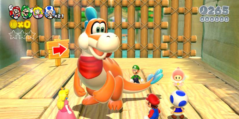Plessie appearing at the beginning of a stage with Mario, Luigi, Peach, and Toad in Super Mario 3D World