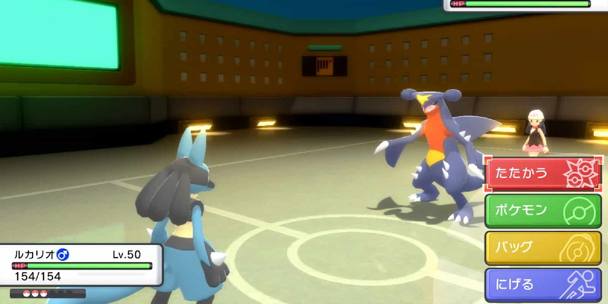 A battle screen in Pokemon Brilliant Diamond & Shining Pearl depicting a battle between Lucario and Garchomp