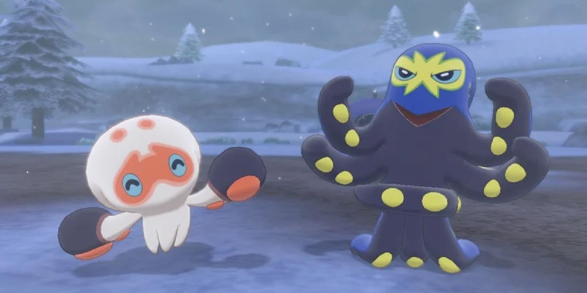 A Clobbopus and Grapploct next to each other in a snowy tundra in Pokemon Sword & Shield