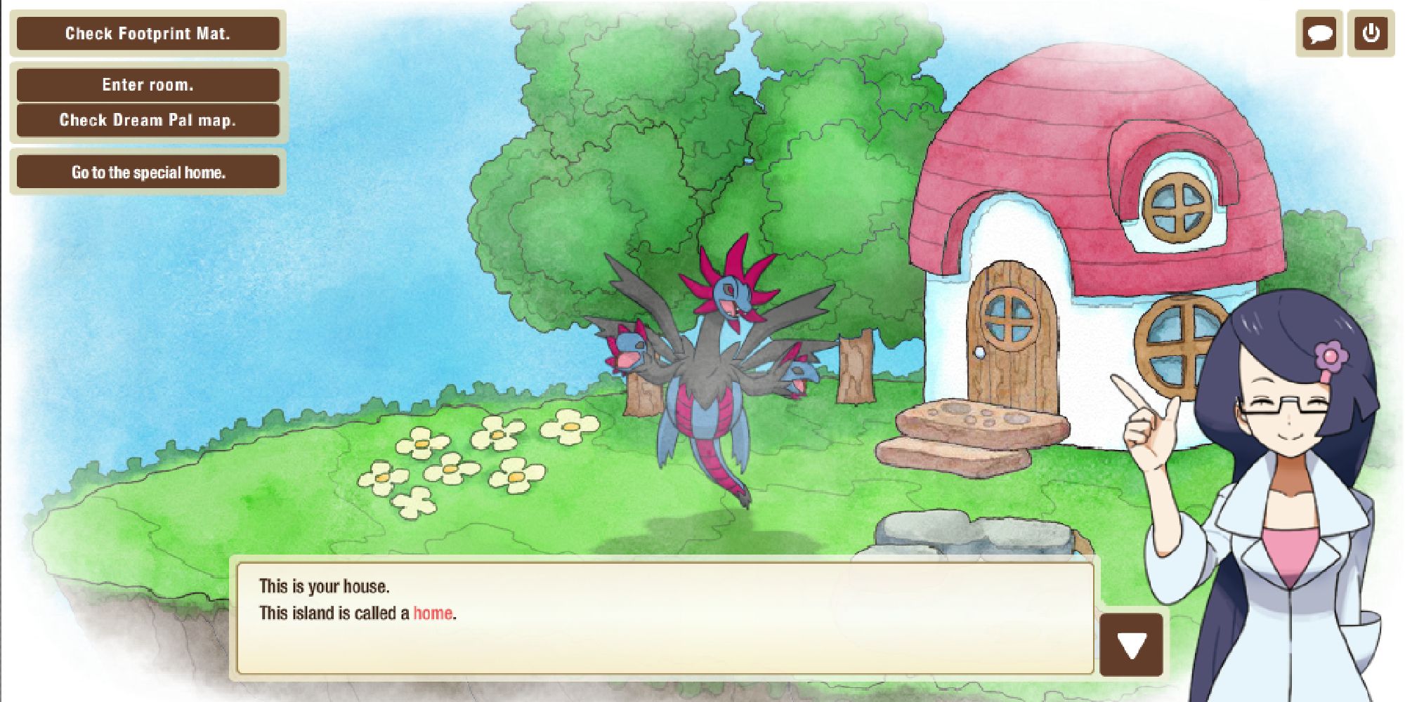 Fennel introducing players to their home in Pokemon Dream World, occupied by a Hydreigon