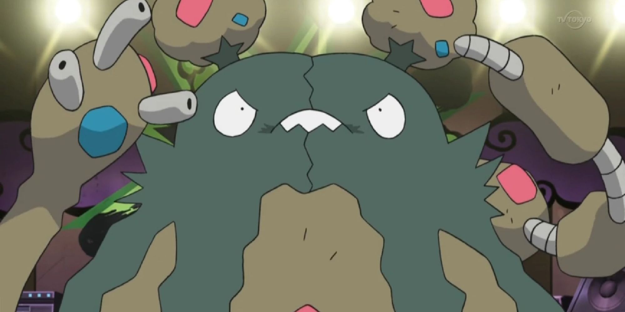 Garbodor appearing during a gym battle in the anime