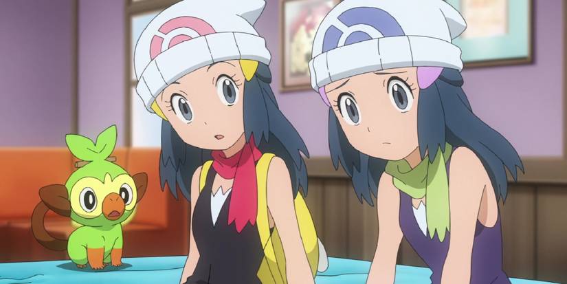 Dawn sitting with herself from an alternate universe, as well as Grookey