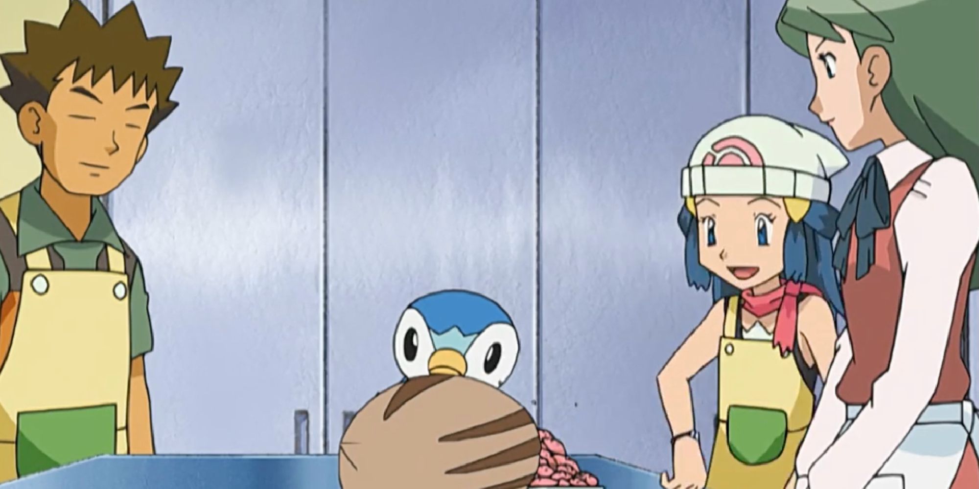 Dawn and Brock feeding Swinub while an angry Piplup watches