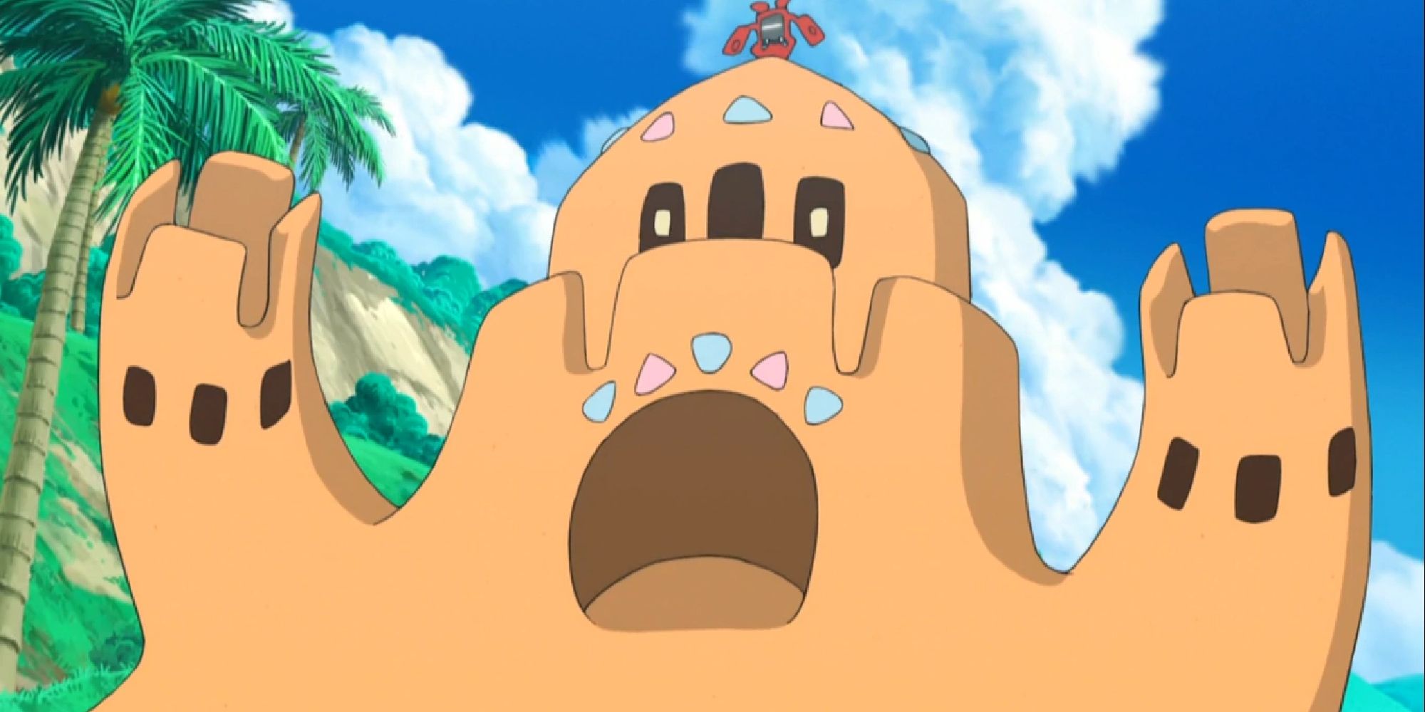A Palossand balancing a RotomDex on its head in the anime