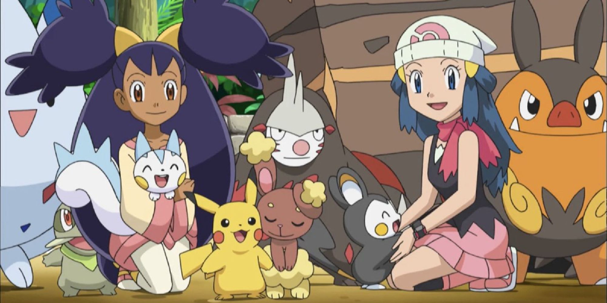 Dawn and her Pokemon (Pachirisu, Togekiss, Buneary) sitting with Ash and Iris's Pokemon (Pikachu, Pignite, Excadrill, Axew, Amolga, Crustle)