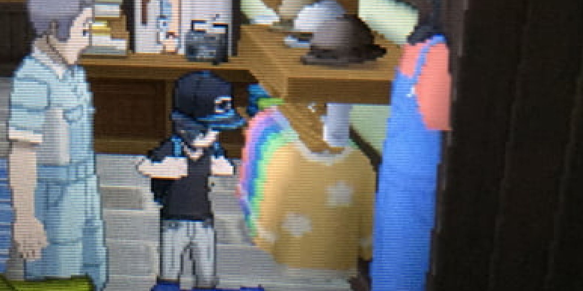 A player standing next to Mario's red shirt and overalls in a boutique shop in Pokemon Sun & Moon
