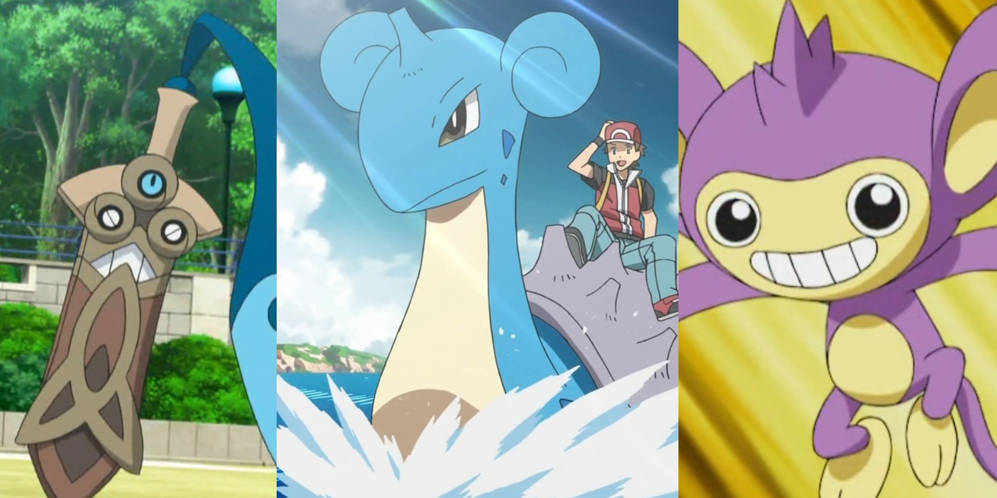 A sheathed Honedge in the anime; Red riding Lapras in the anime; an Aipom in battle in the anime