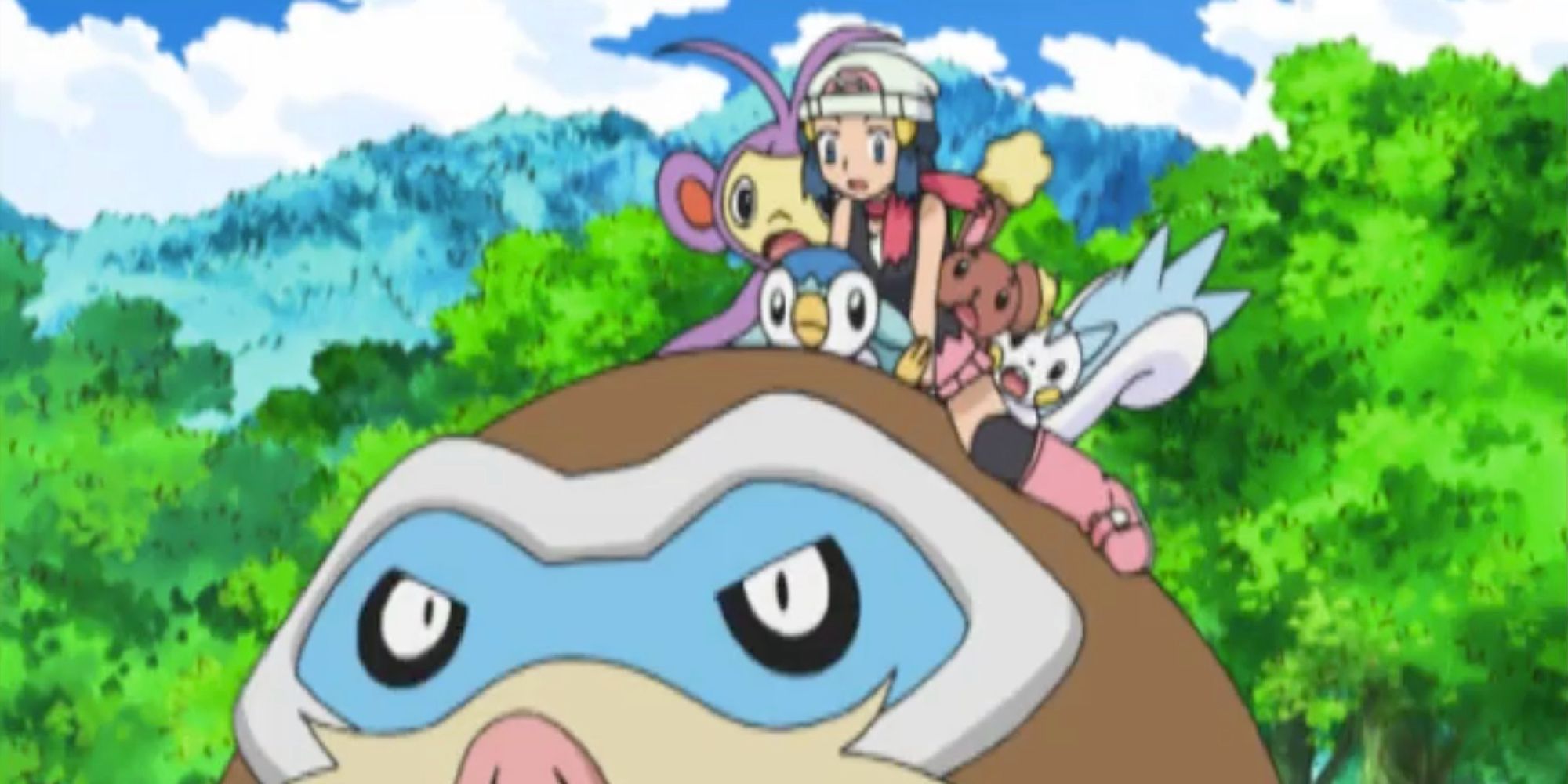 Dawn, Piplup, Ambipom, Buneary, and Pachirisu riding on Mamoswine in a forest