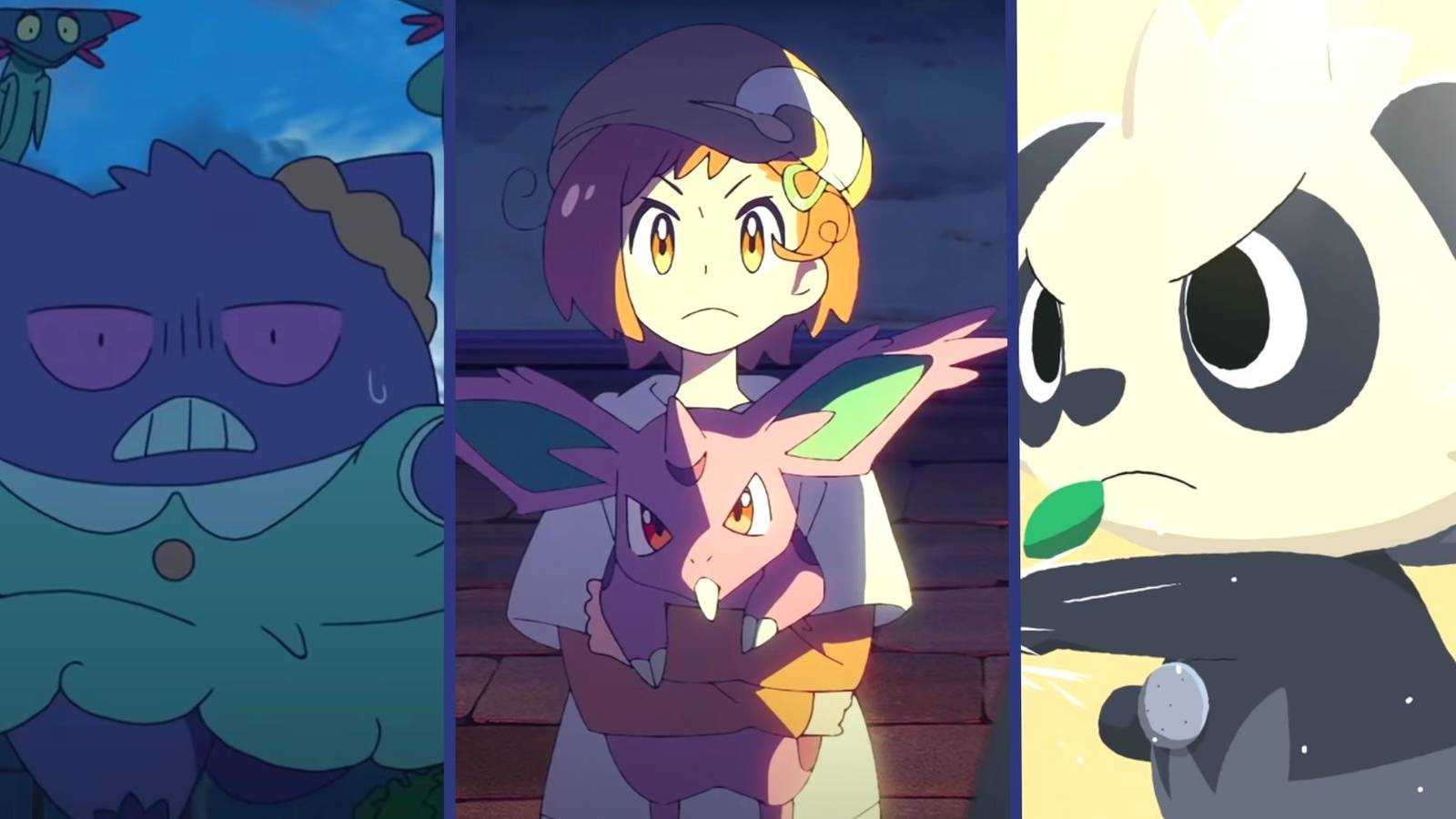 Poketoons: Gengar Running Wearing A Dress, Tsubomi Holding Nidoran, And Pancham Training