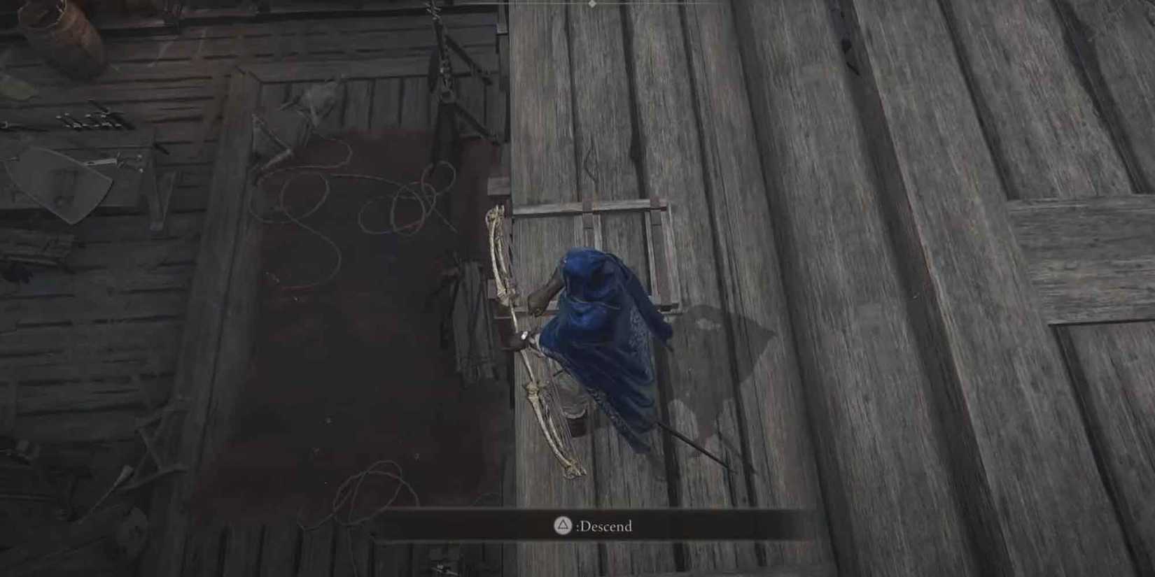 A top-down view of a character holding the Pulley Bow in Elden Ring