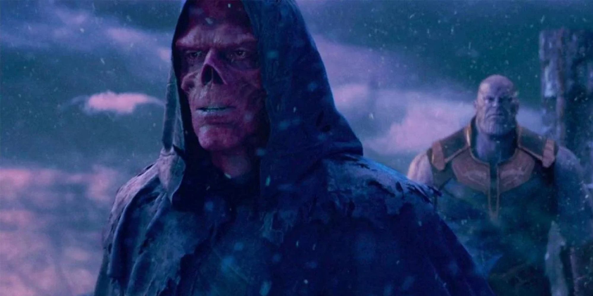 The Red Skull with his back turned on Thanos on Vormir in Infinity War