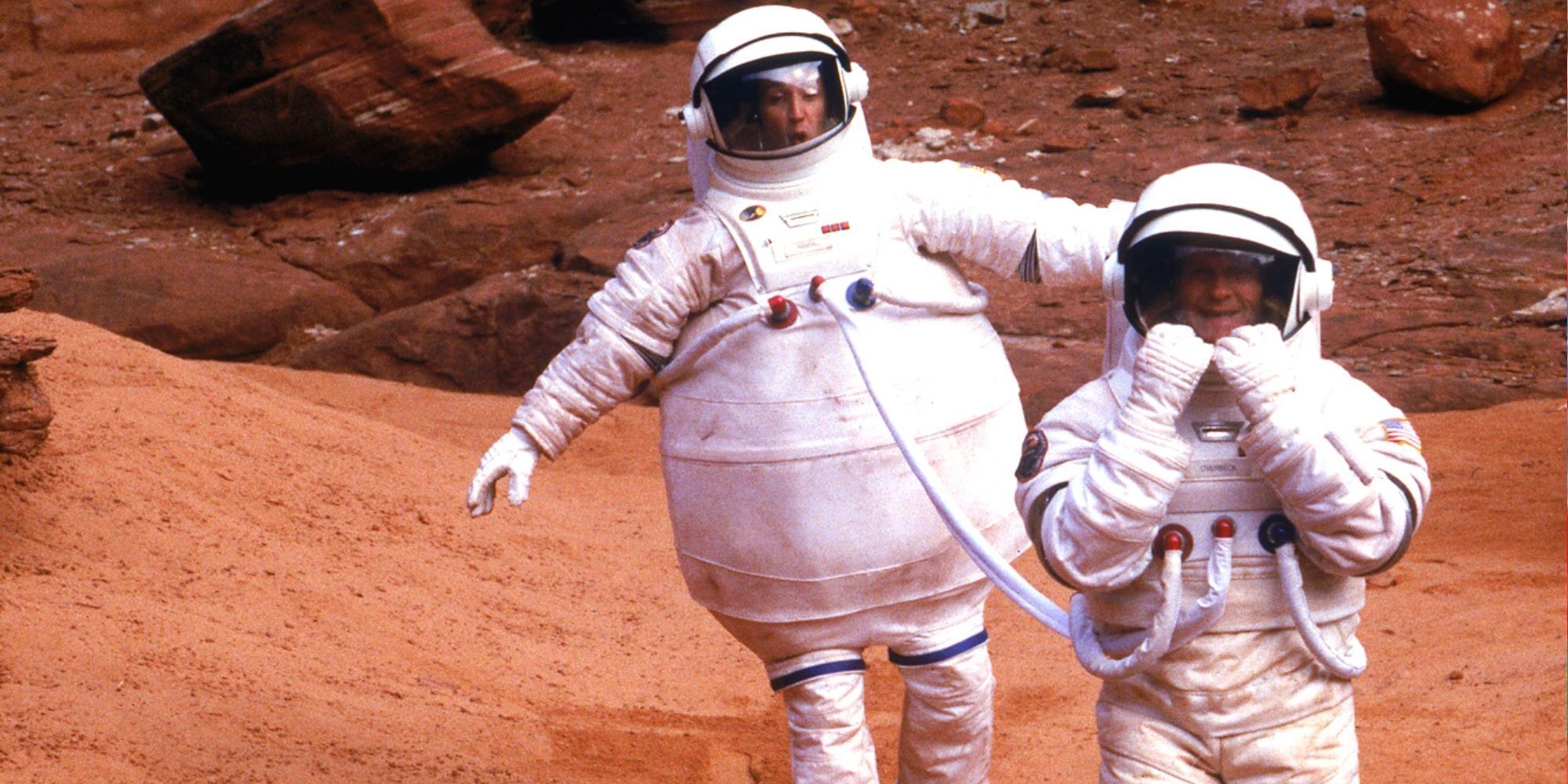 RocketMan Fred On Mars In A Bloated Spacesuit, Bill Holding Onto His Space Helmet