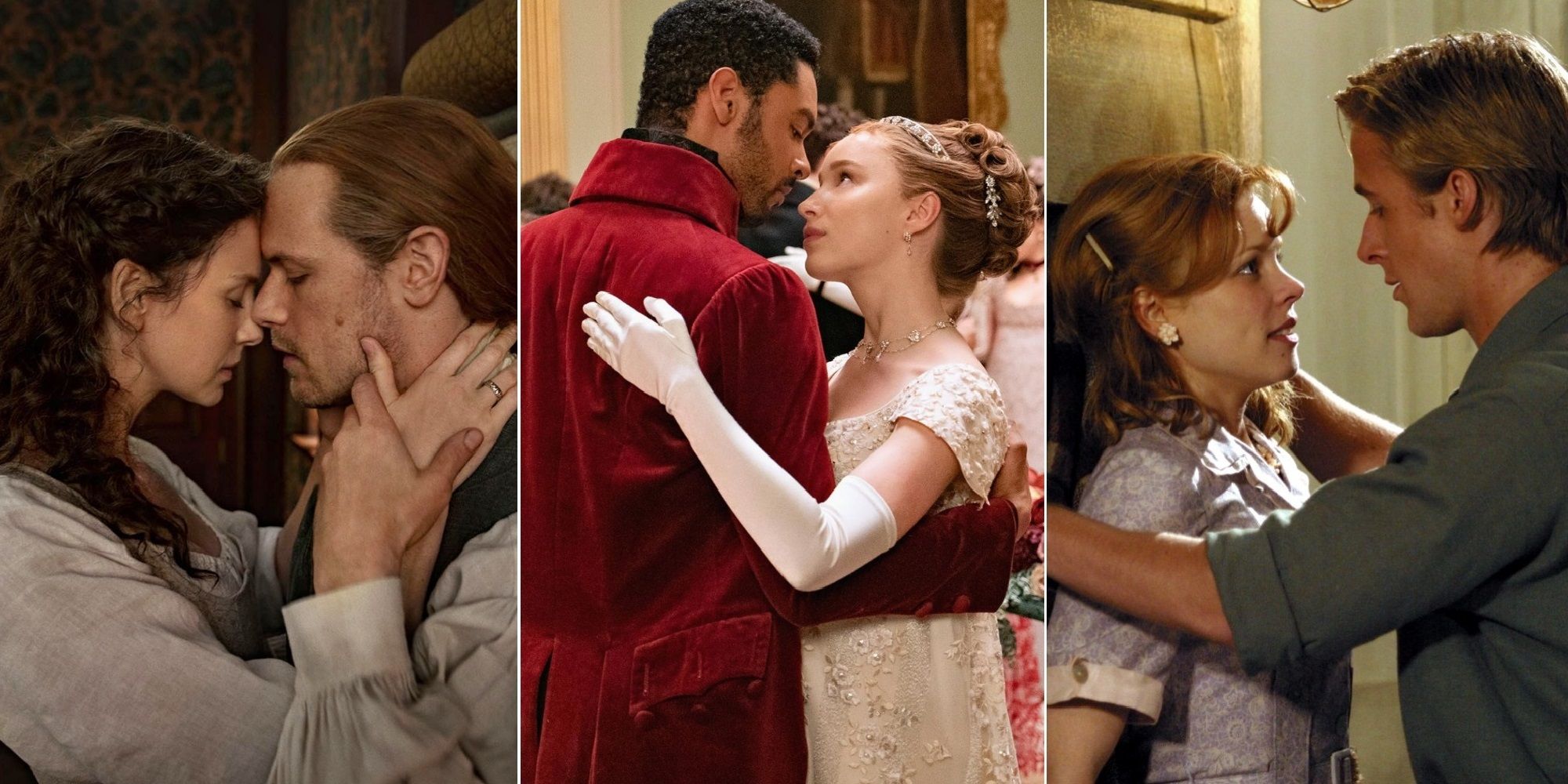 Romcom Couples Split Image Outlander's Jamie and Claire, Birdgerton's Simon and Daphne, and The Notebook's Noah and Allie