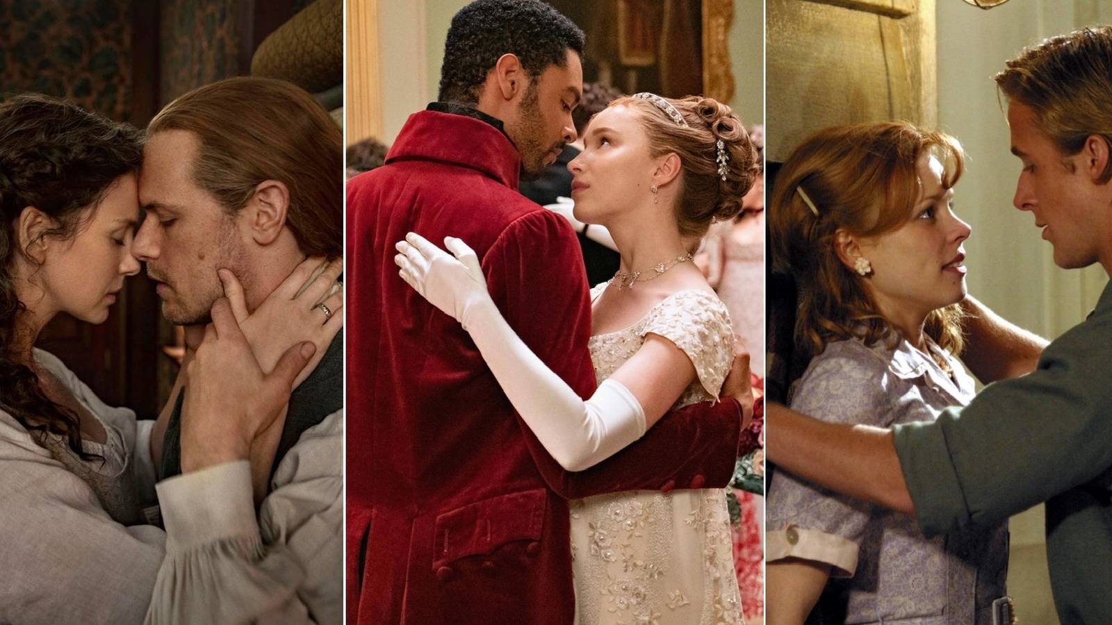 Romcom Couples Split Image Outlander's Jamie and Claire, Birdgerton's Simon and Daphne, and The Notebook's Noah and Allie