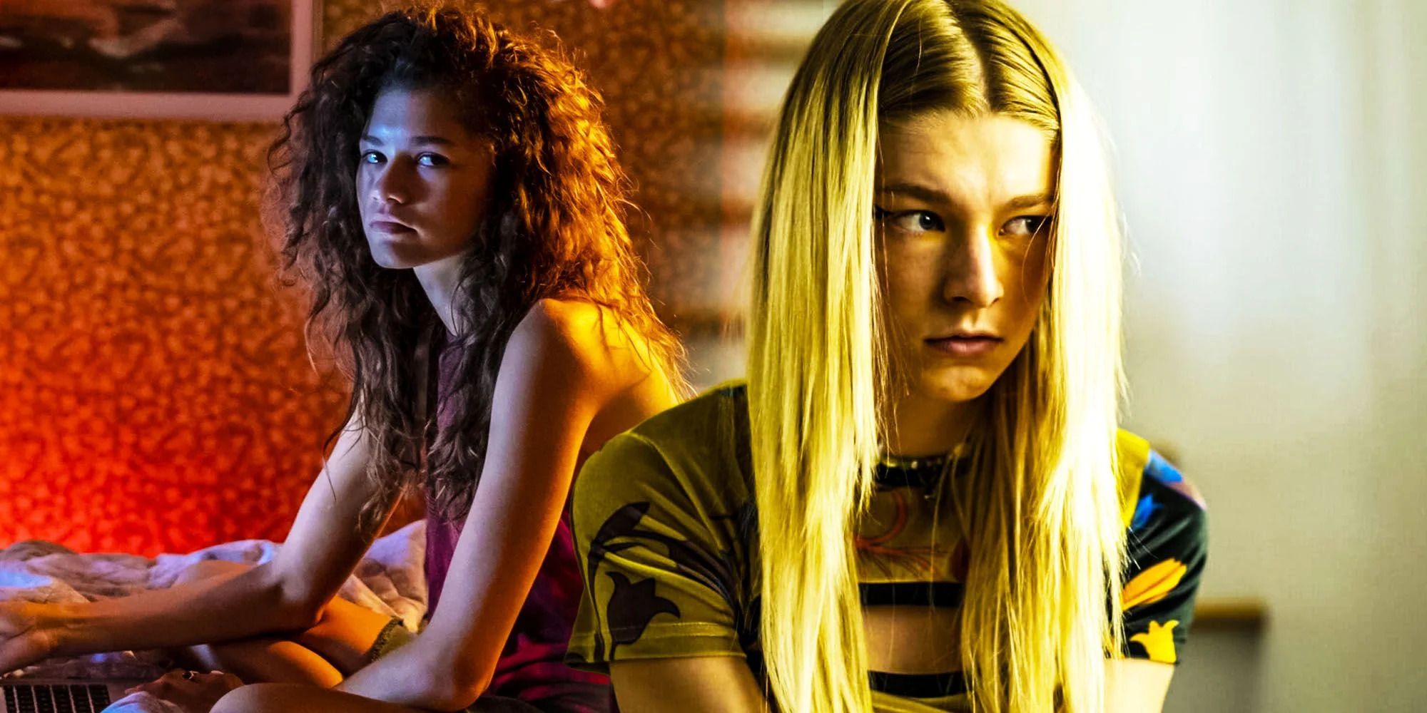 Rue and Jules looking sad, split image from Euphoria