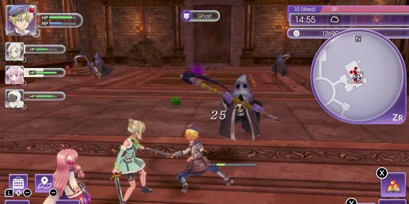 Lucy, Hinata, the player, and a monster fighting a ghost in Rune Factory 5