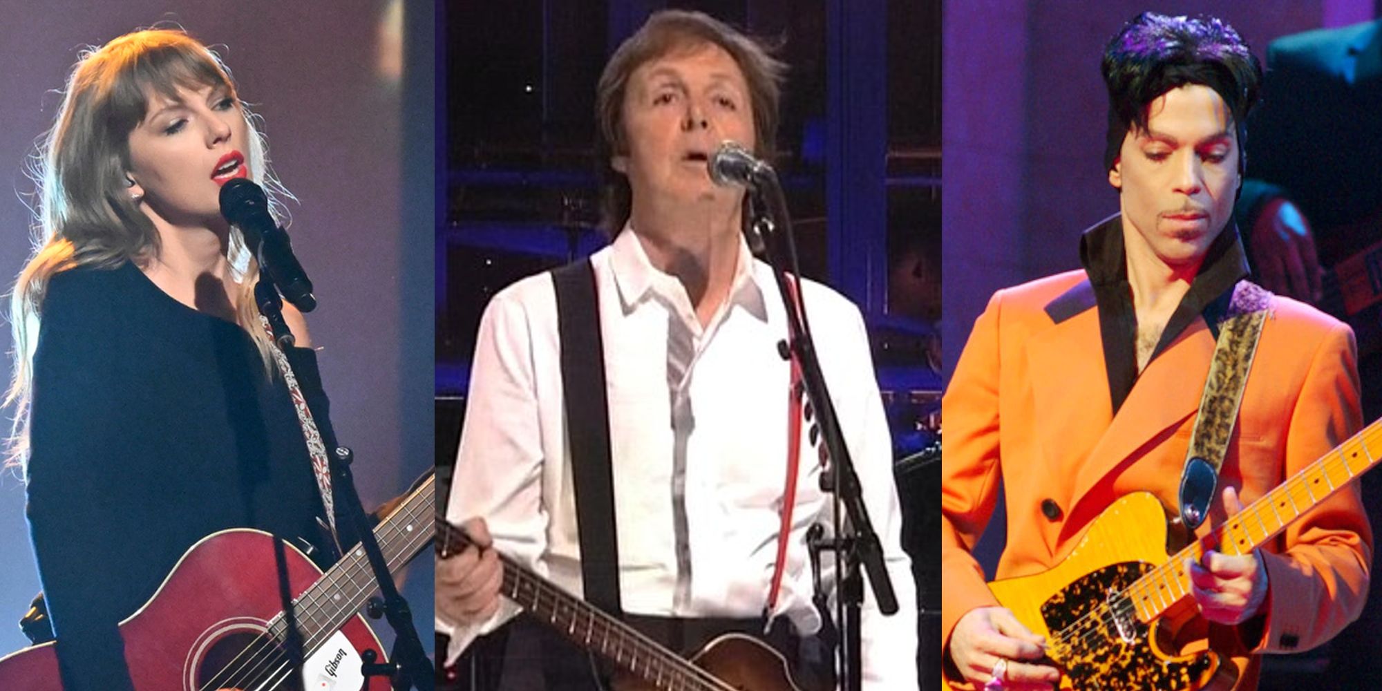 Taylor Swift playing guitar on SNL in 2021; Paul McCartney playing bass on SNL in 2010; Prince playing guitar on SNL in 2006
