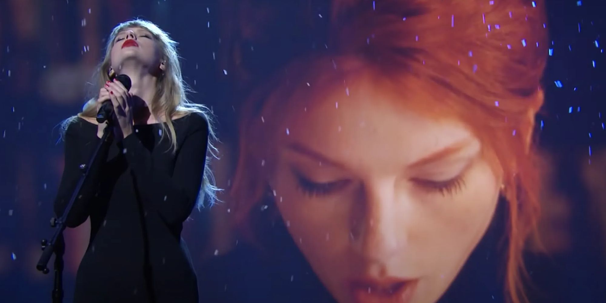 Taylor Swift singing "All Too Well" in front of a projection of All Too Well: The Short Film on SNL in 2021