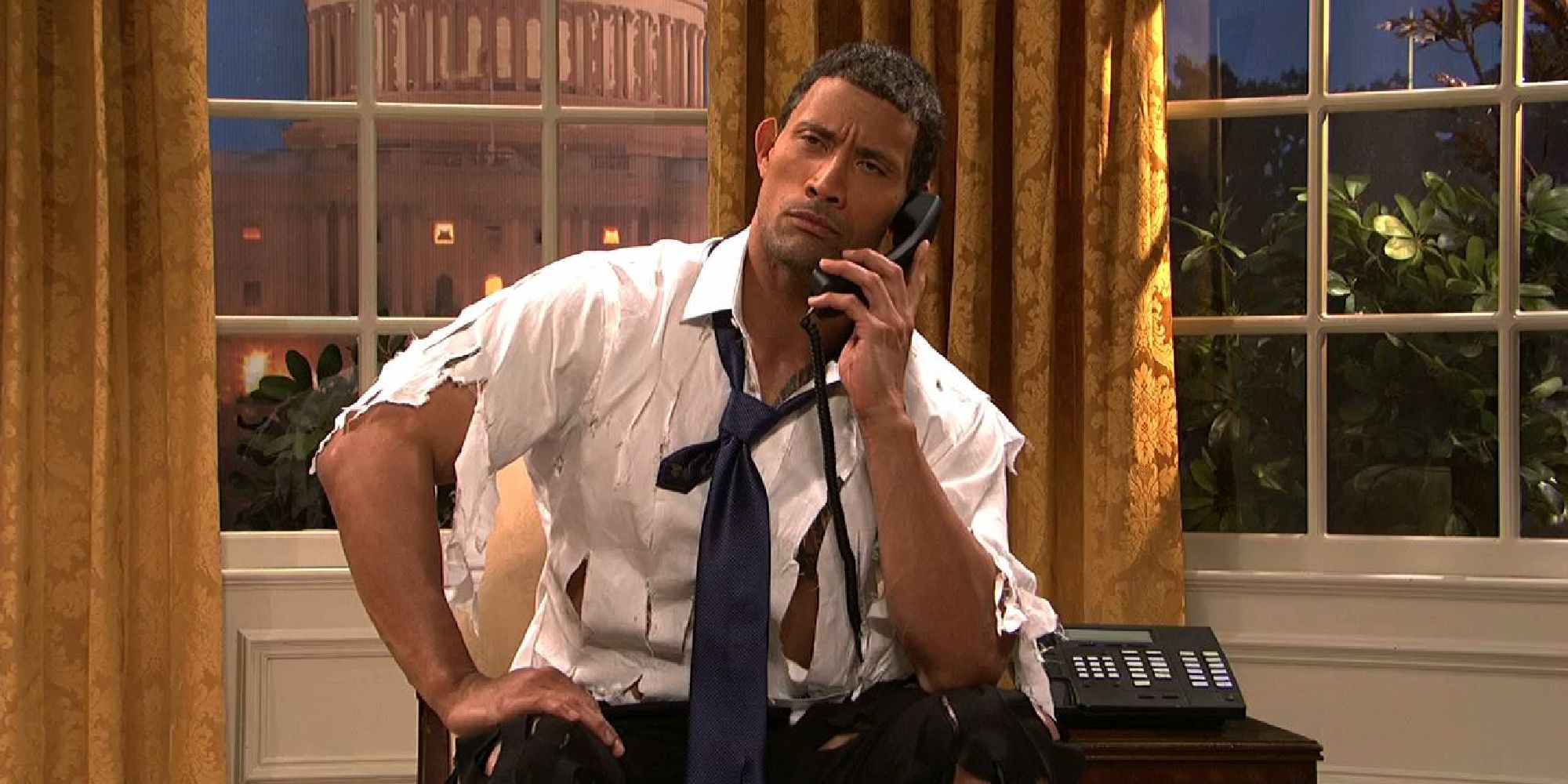 Dwayne Johnson as "The Rock Obama" answering a phone call