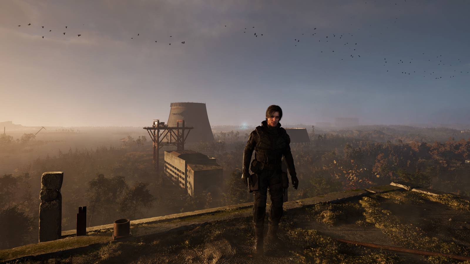 STALKER 2 The Stranger standing over the Chornobyl plant