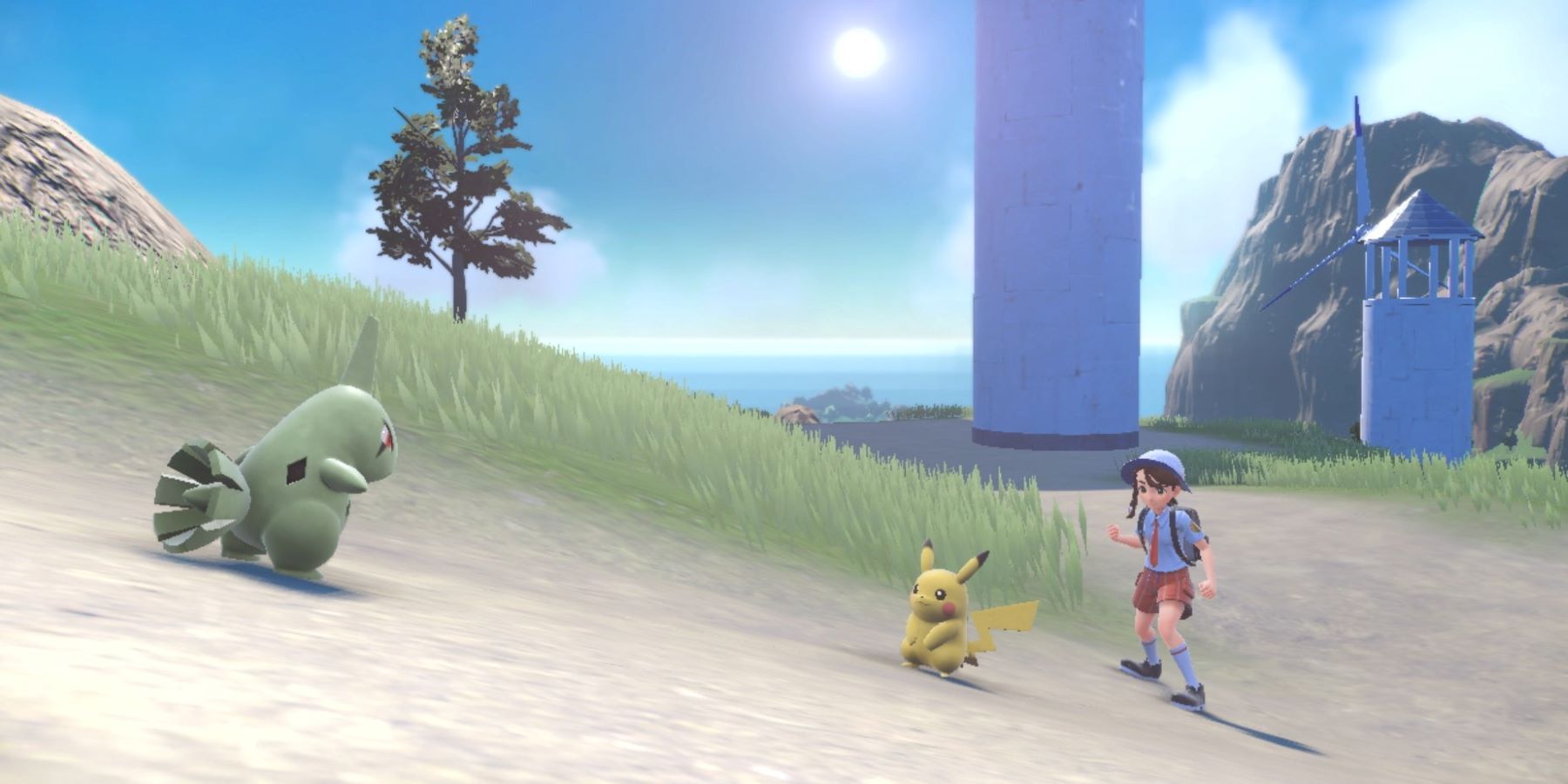 A Pokemon Trainer battling against a Larvitar with a Pikachu in Pokemon Scarlet and Violet